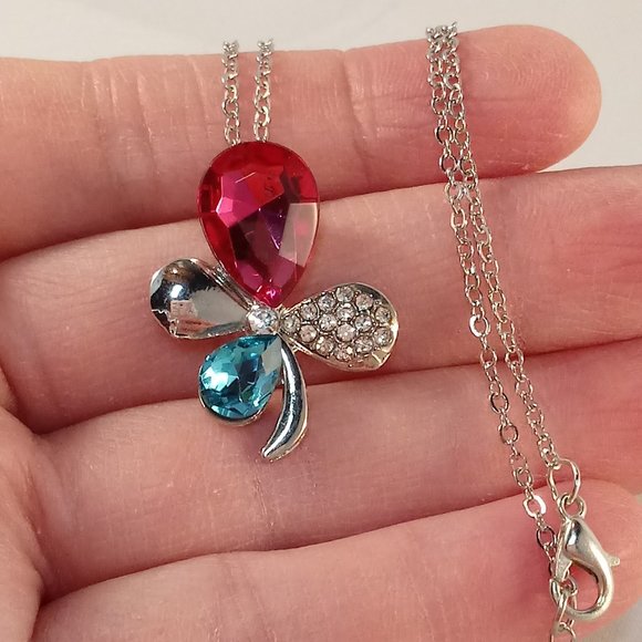 Silver Dragonfly Multi Color Crystal Pendant Chain Necklace 17" + 2" Party Gift - Picture 1 of 5